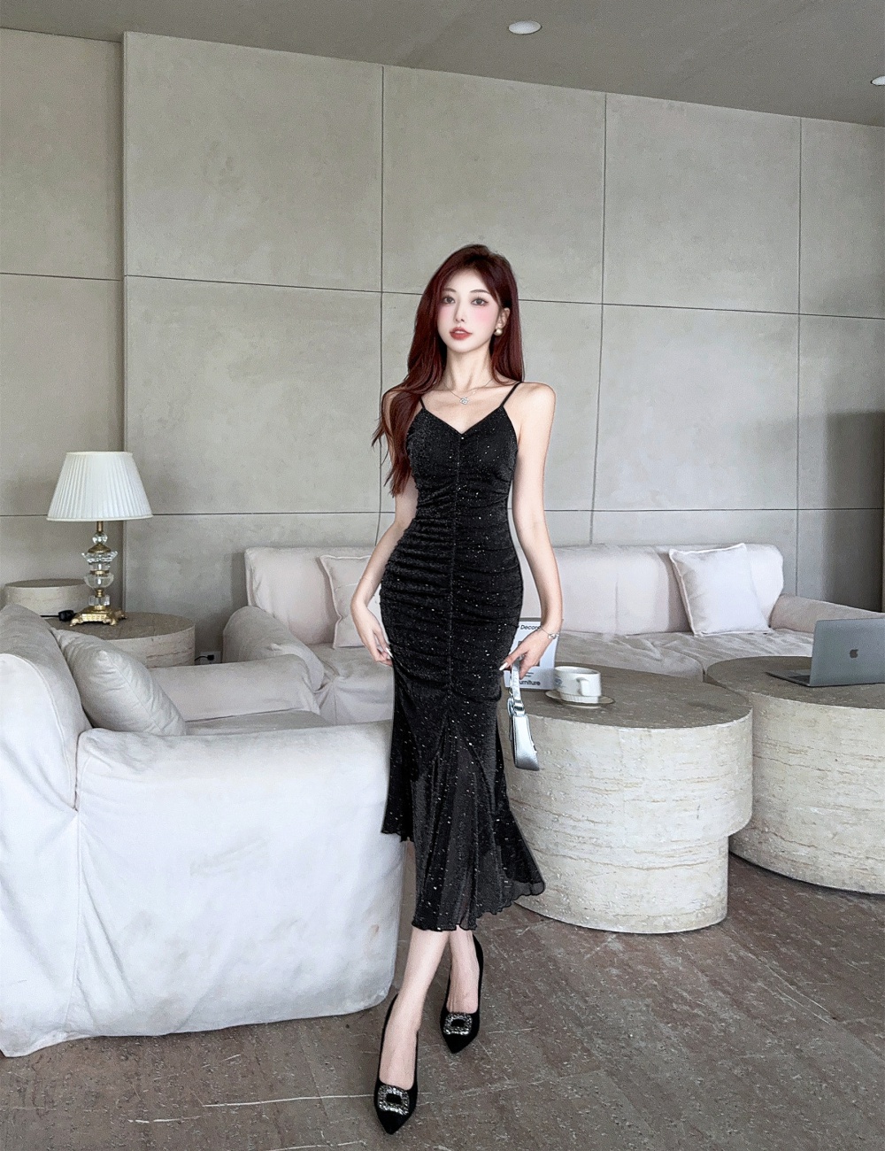 Retro slim dress pinched waist formal dress for women