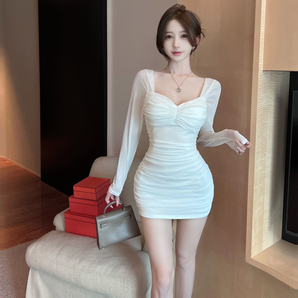 Sexy package hip T-back long sleeve dress for women