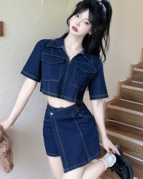 Short sleeve summer pants denim retro shirt 2pcs set