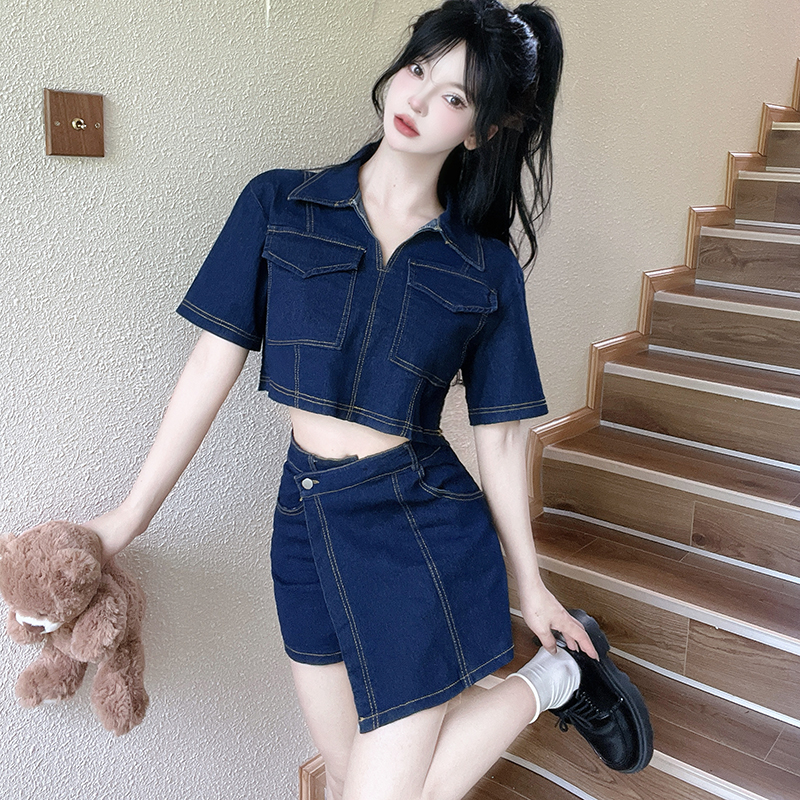 Short sleeve summer pants denim retro shirt 2pcs set