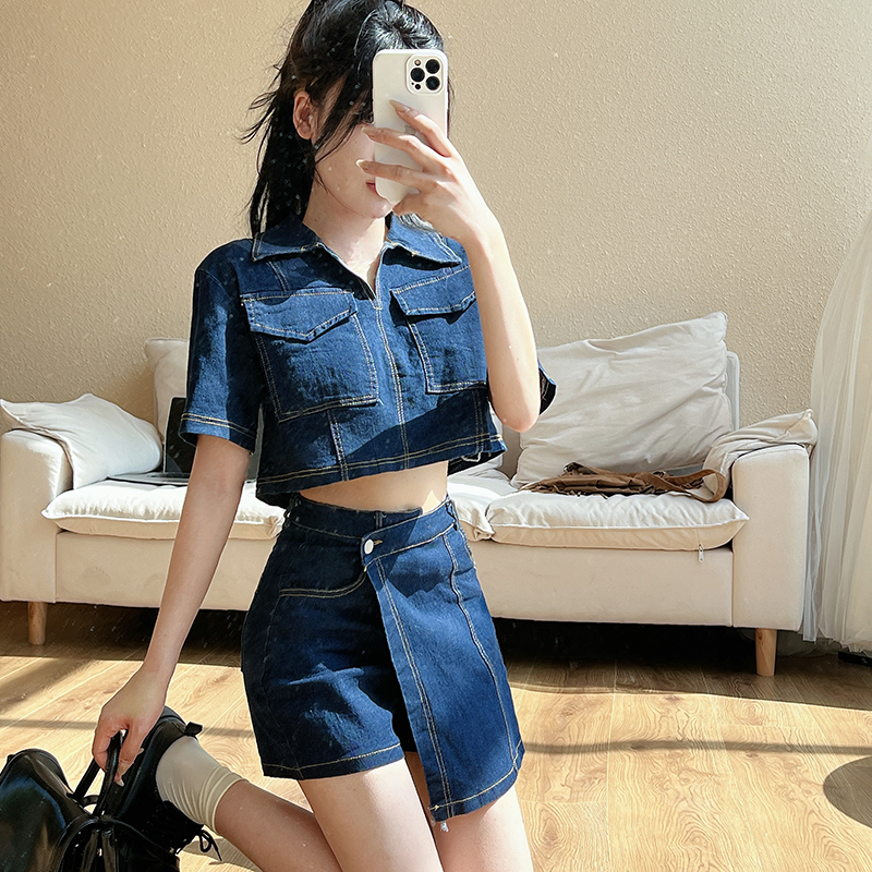 Short sleeve summer pants denim retro shirt 2pcs set