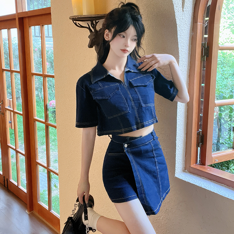 Short sleeve summer pants denim retro shirt 2pcs set