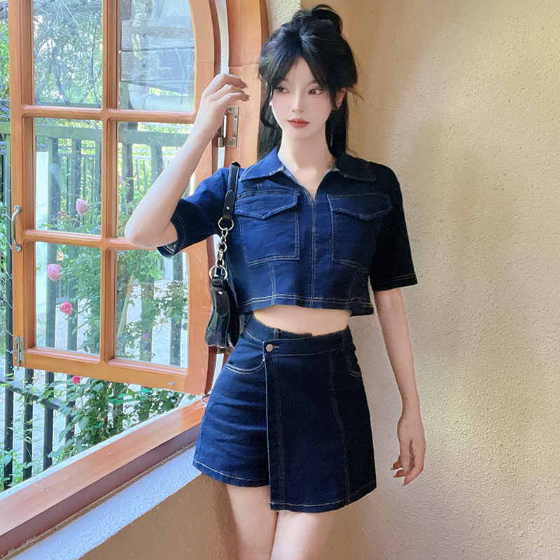 Short sleeve summer pants denim retro shirt 2pcs set