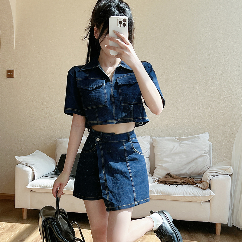 Short sleeve summer pants denim retro shirt 2pcs set