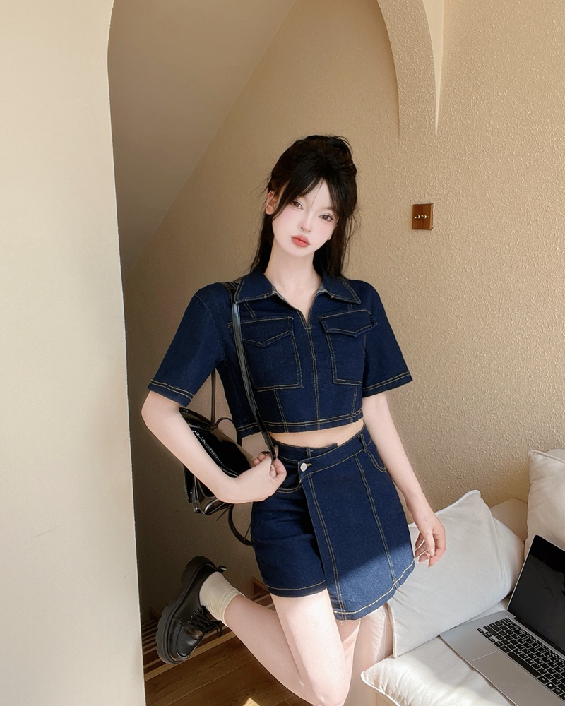 Short sleeve summer pants denim retro shirt 2pcs set