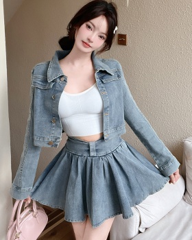 Retro street coat pleated short short skirt 2pcs set for women