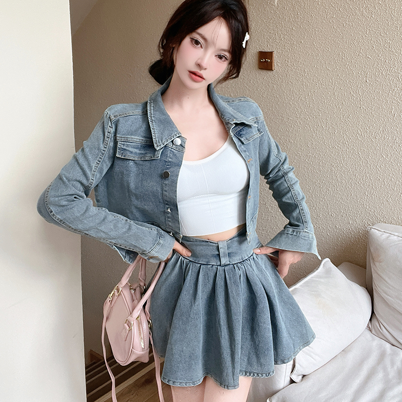 Retro street coat pleated short short skirt 2pcs set for women