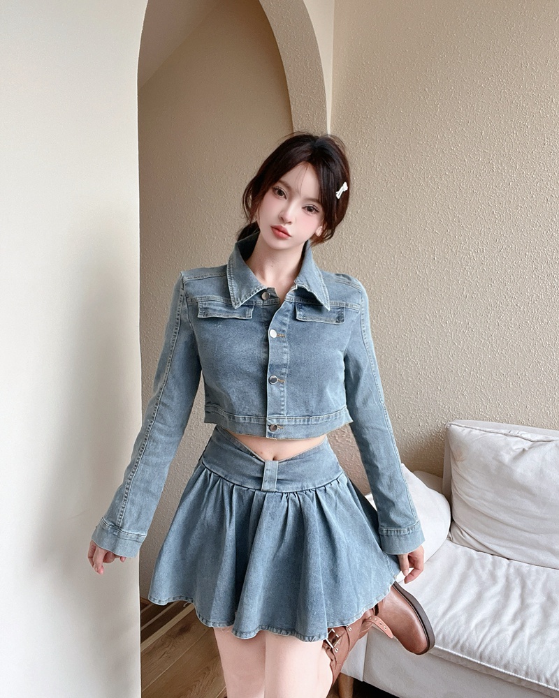 Retro street coat pleated short short skirt 2pcs set for women