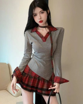 American style autumn dress summer plaid T-back a set