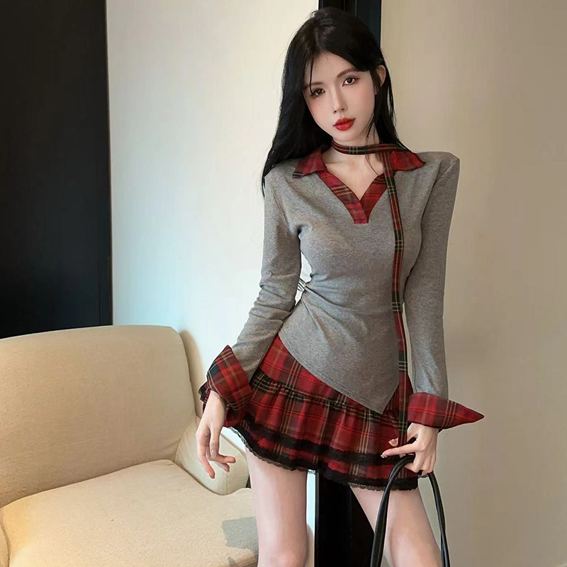 American style autumn dress summer plaid T-back a set