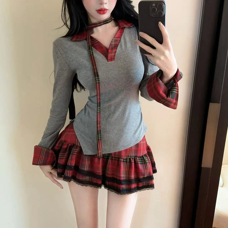 American style autumn dress summer plaid T-back a set