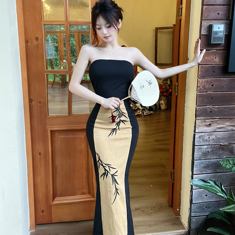 Wrapped chest long dress Chinese style dress for women