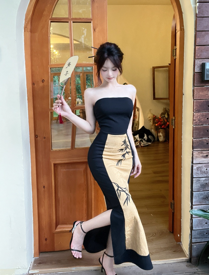 Wrapped chest long dress Chinese style dress for women