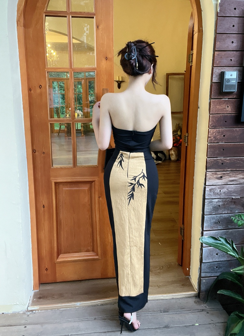 Wrapped chest long dress Chinese style dress for women