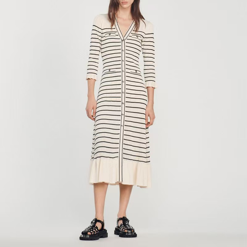 Split hollow stripe ladies France style niche dress