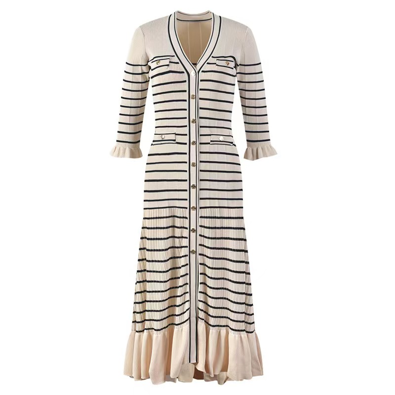 Split hollow stripe ladies France style niche dress