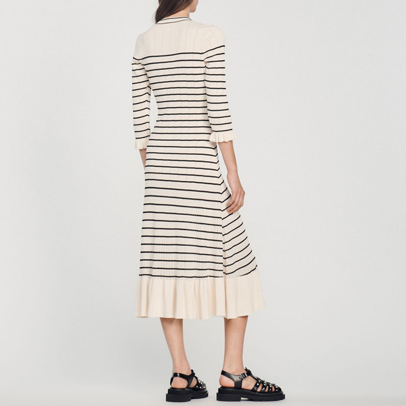 Slim short sleeve dress stripe V-neck long dress for women