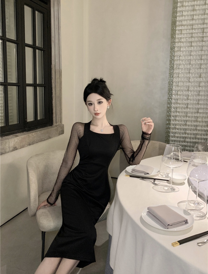 Gauze pinched waist dress autumn France style long dress