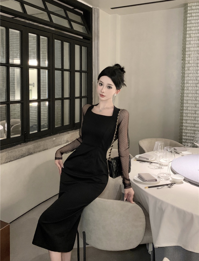 Gauze pinched waist dress autumn France style long dress