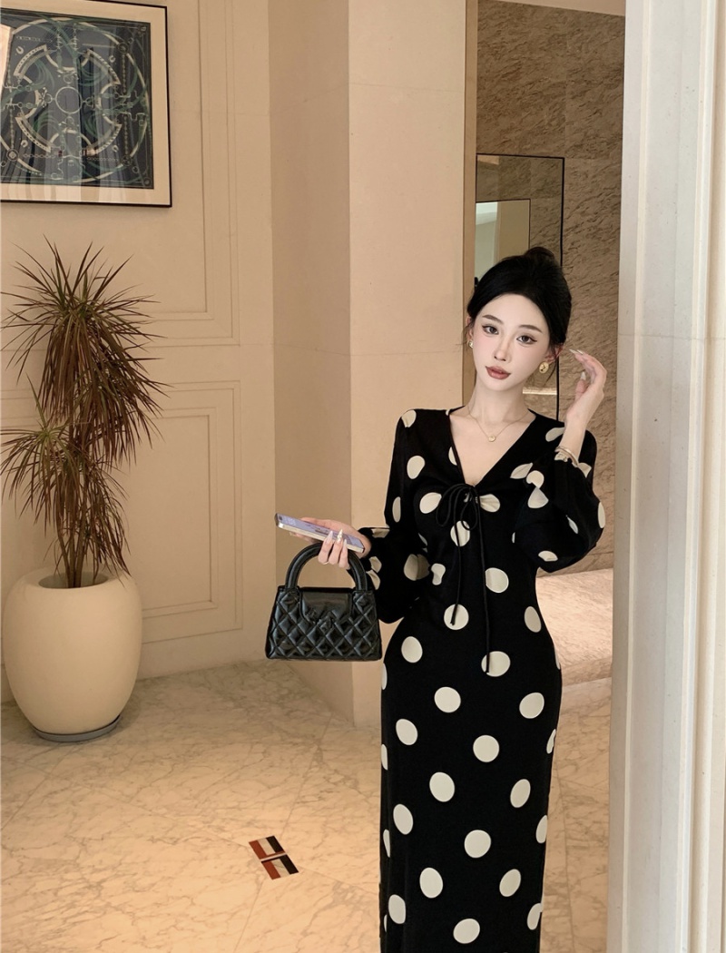 Drawstring big dot temperament dress for women