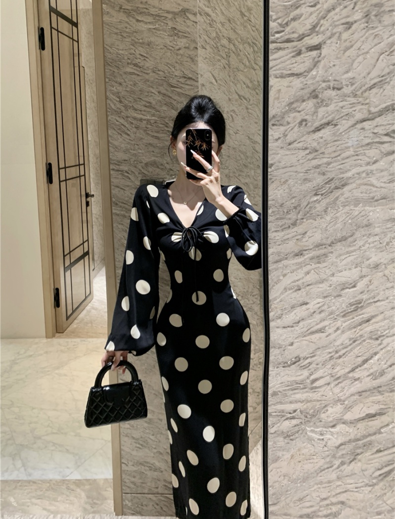 Drawstring big dot temperament dress for women