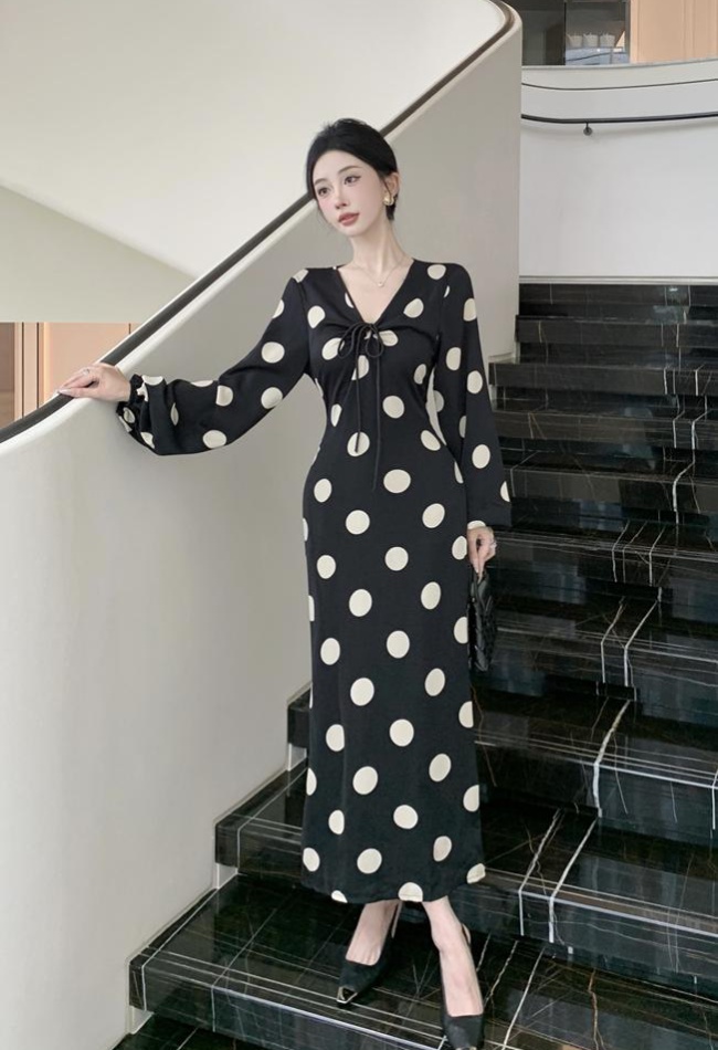 Drawstring big dot temperament dress for women