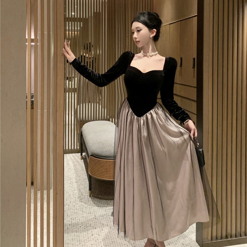 Velvet pinched waist dress retro ladies long dress