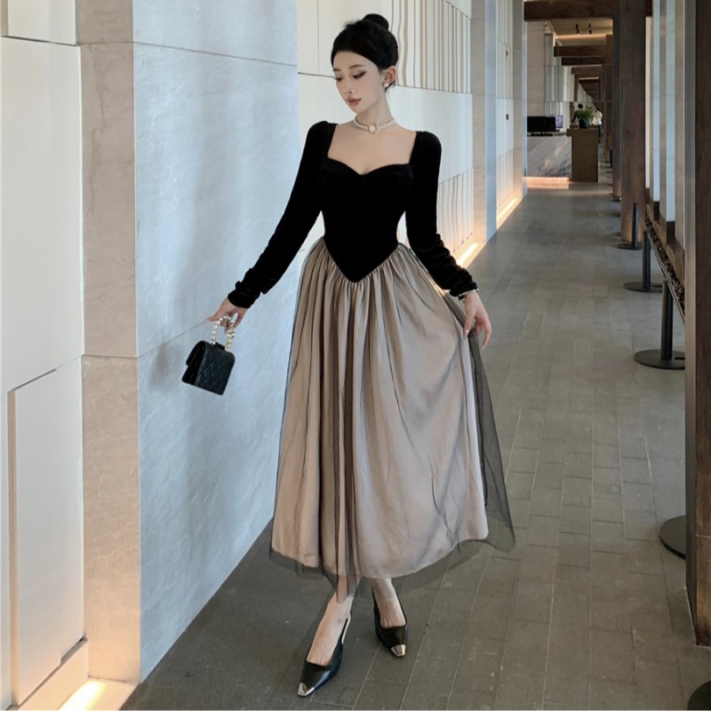 Velvet pinched waist dress retro ladies long dress