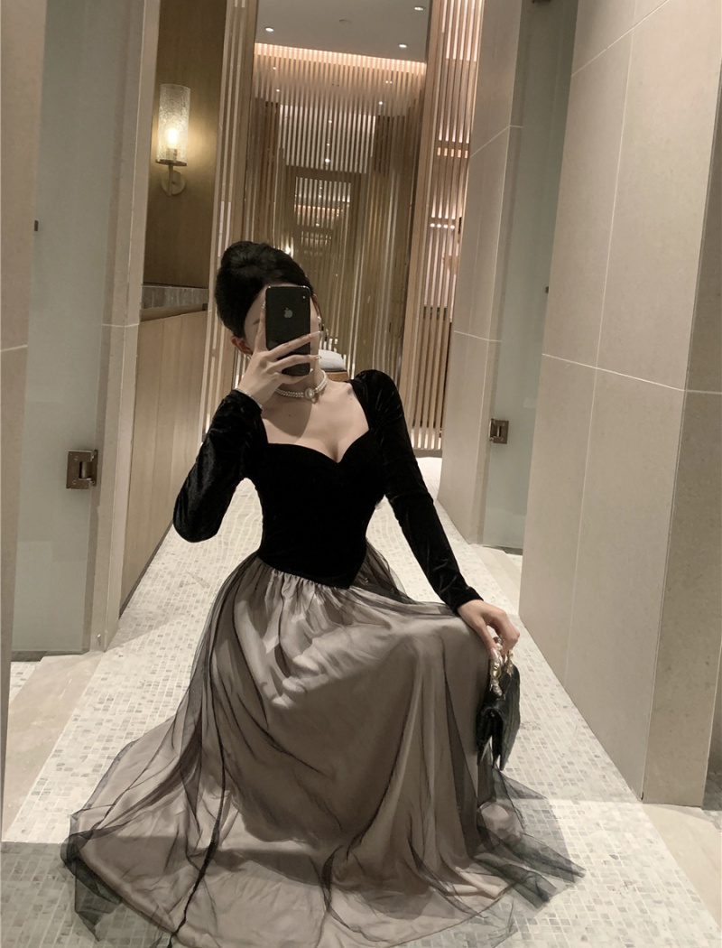 Velvet pinched waist dress retro ladies long dress