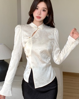 Split cstand collar tops white shirt for women