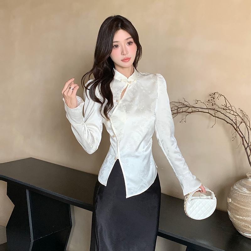 Split cstand collar tops white shirt for women