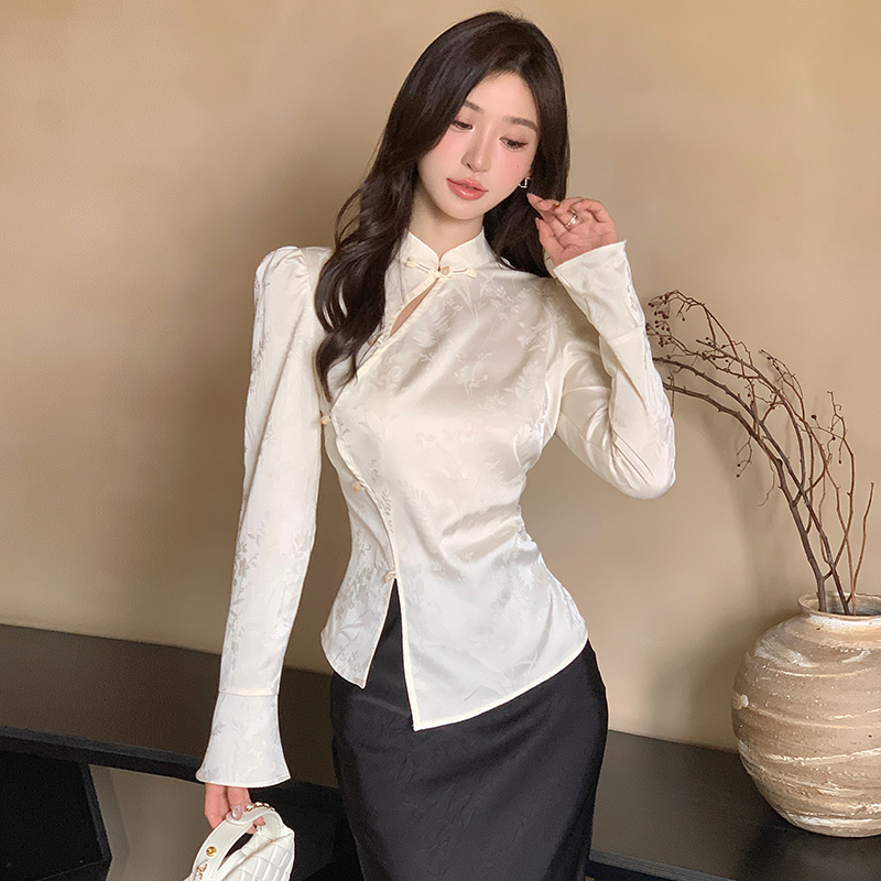 Split cstand collar tops white shirt for women