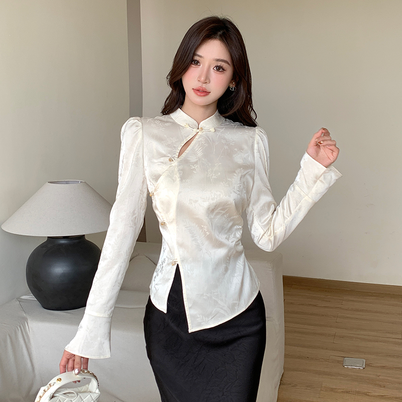 Split cstand collar tops white shirt for women