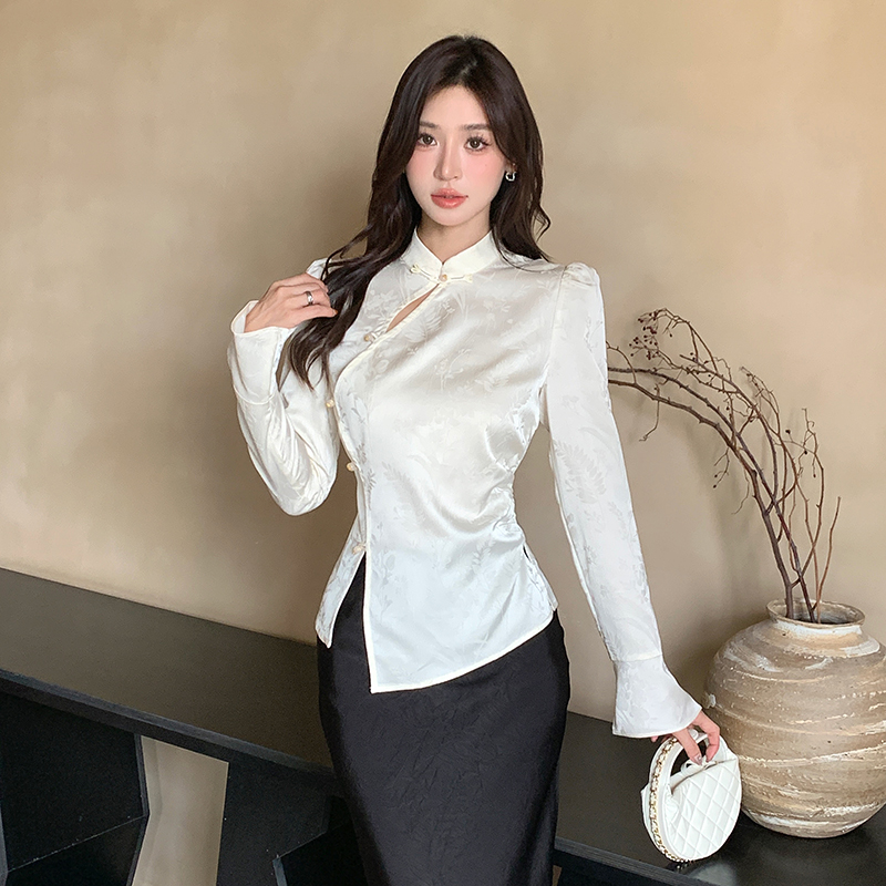 Split cstand collar tops white shirt for women