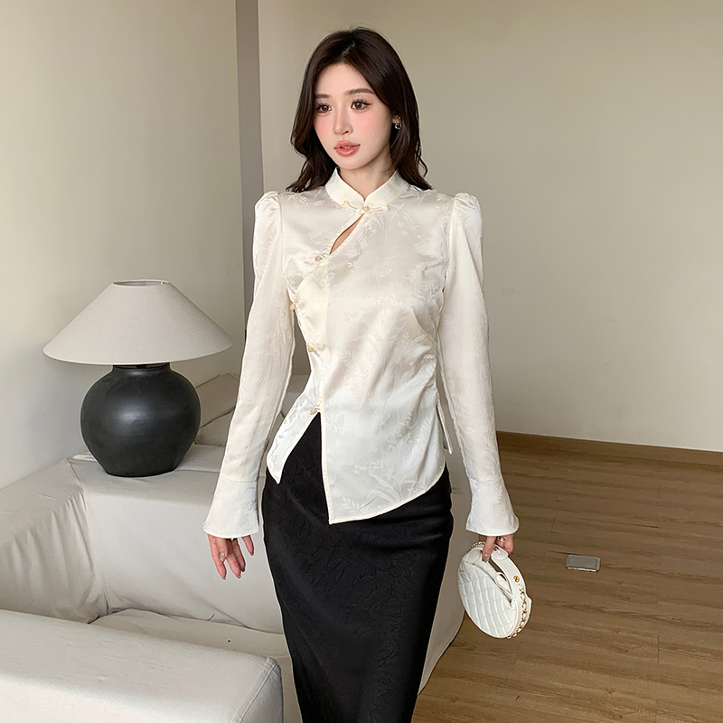 Split cstand collar tops white shirt for women