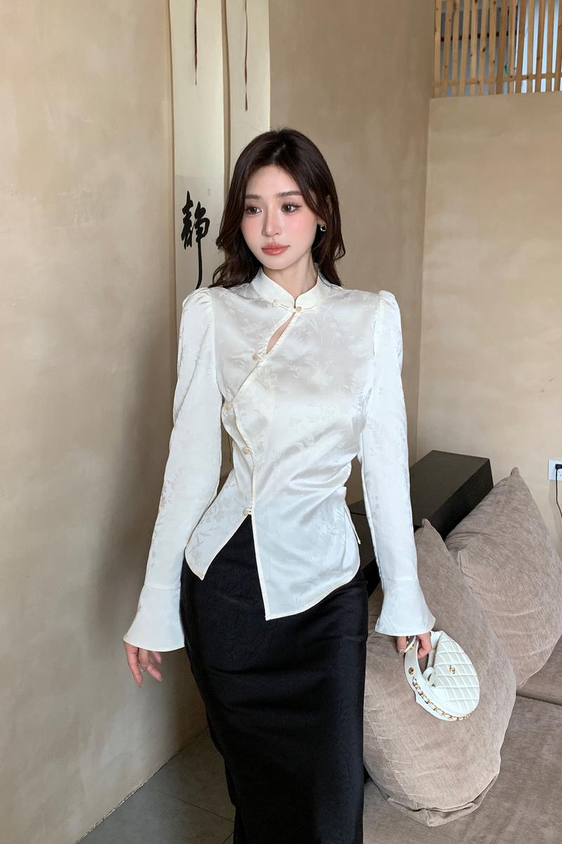 Split cstand collar tops white shirt for women