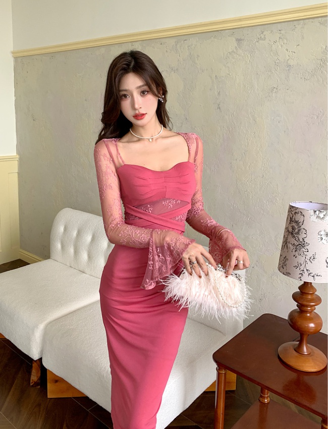 Square collar temperament long dress enticement dress