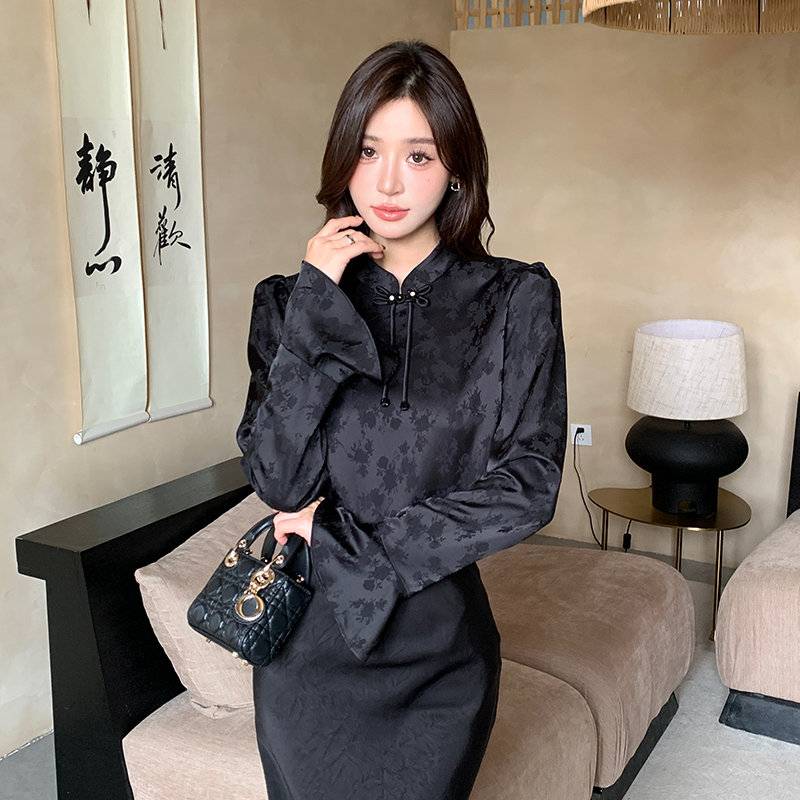 Autumn long tops black cstand collar shirt 2pcs set