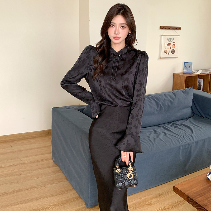 Autumn long tops black cstand collar shirt 2pcs set