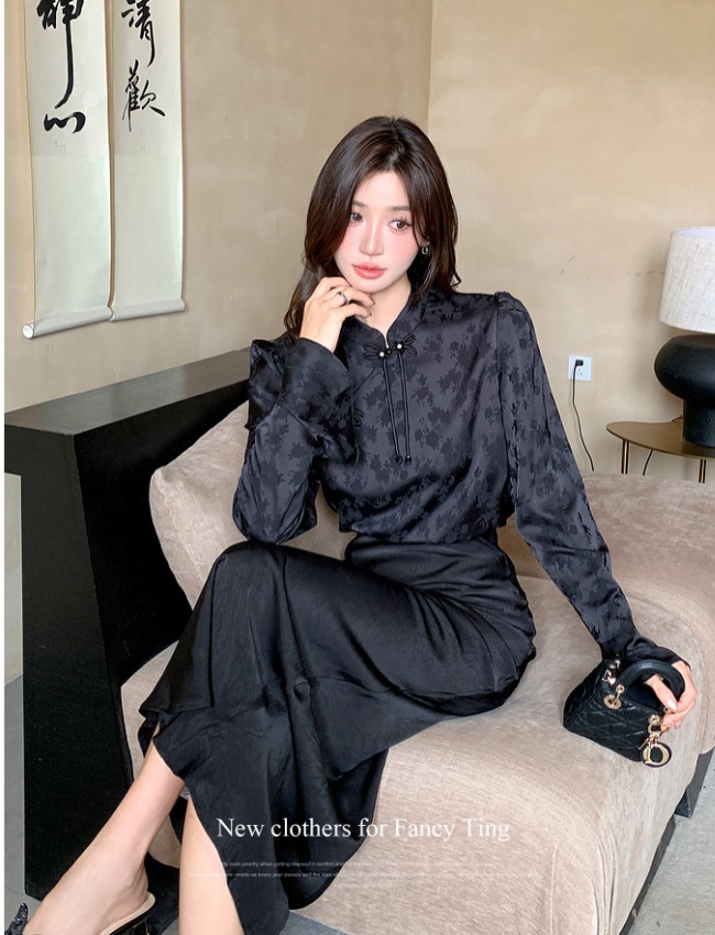 Autumn long tops black cstand collar shirt 2pcs set