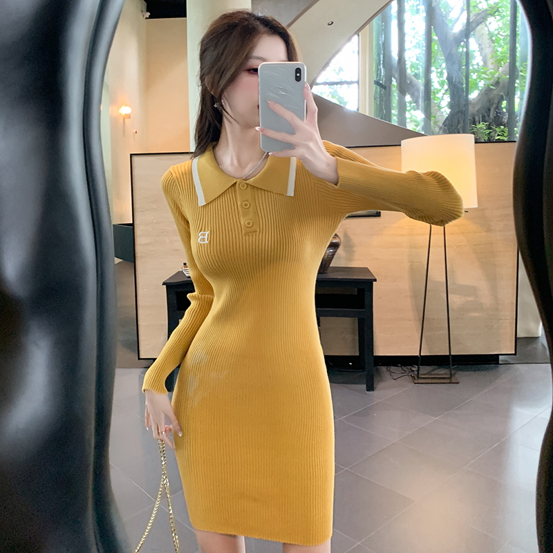 Fashion slim knitted A-line letters pinched waist dress