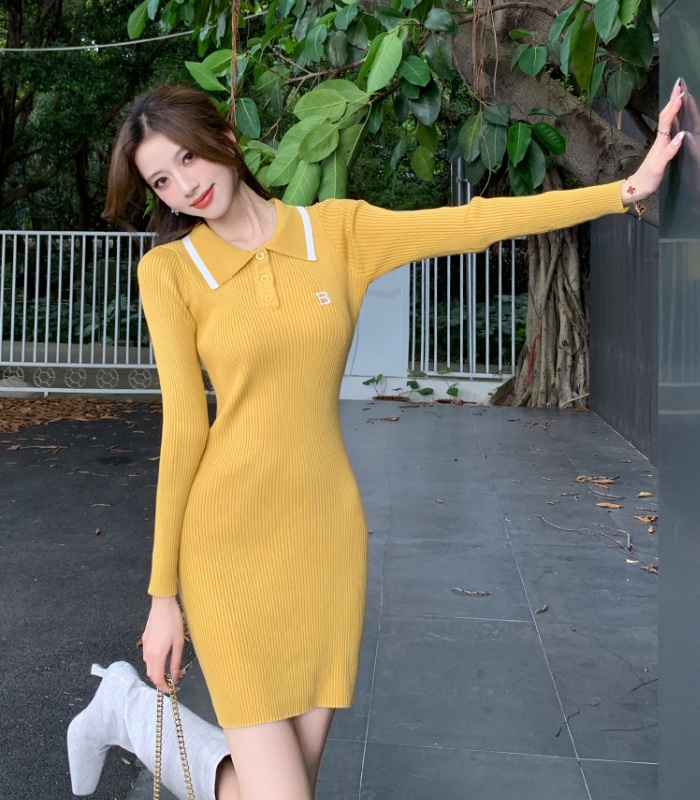 Fashion slim knitted A-line letters pinched waist dress