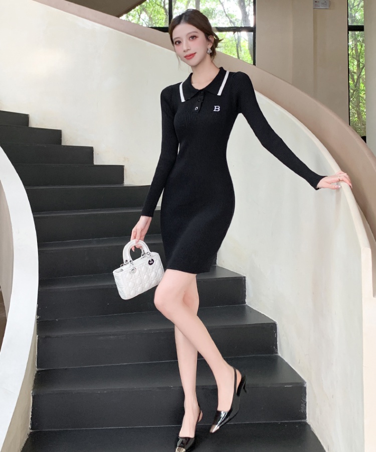 Fashion slim knitted A-line letters pinched waist dress