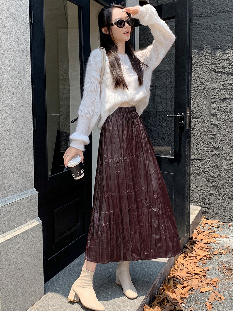 Spring and autumn long high waist PU fold A-line skirt