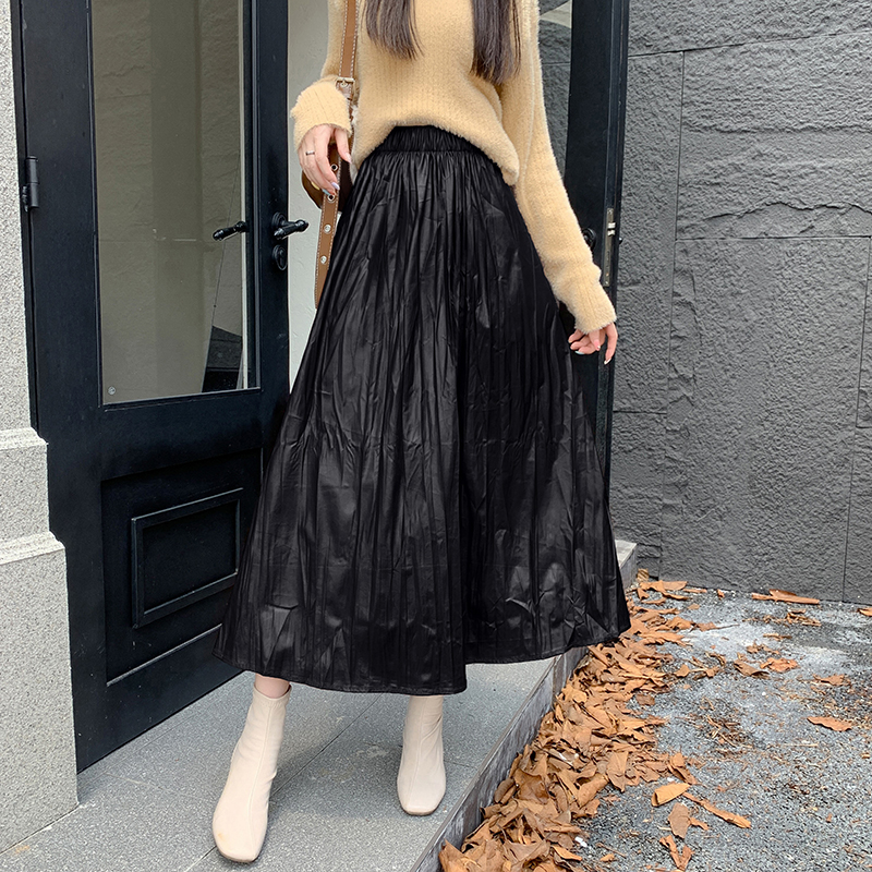 Spring and autumn long high waist PU fold A-line skirt