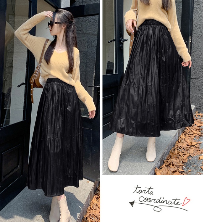 Spring and autumn long high waist PU fold A-line skirt