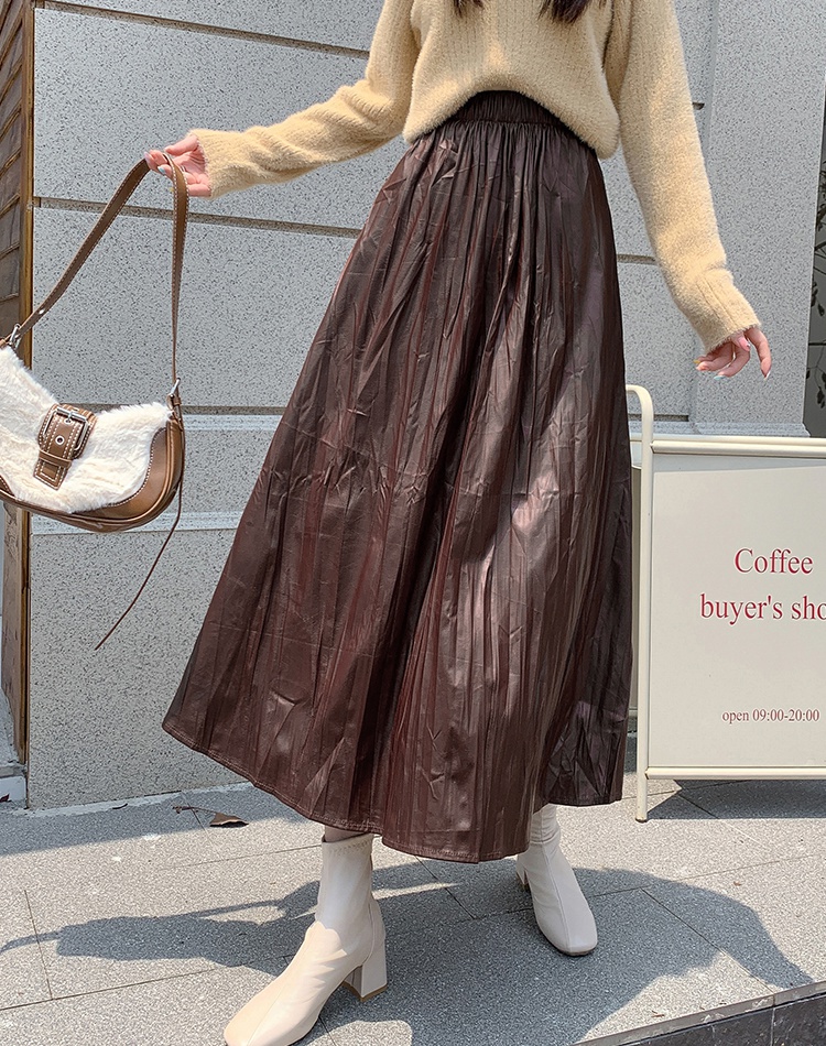 Spring and autumn long high waist PU fold A-line skirt