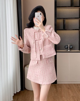 Autumn Chinese style short skirt pink coat 2pcs set