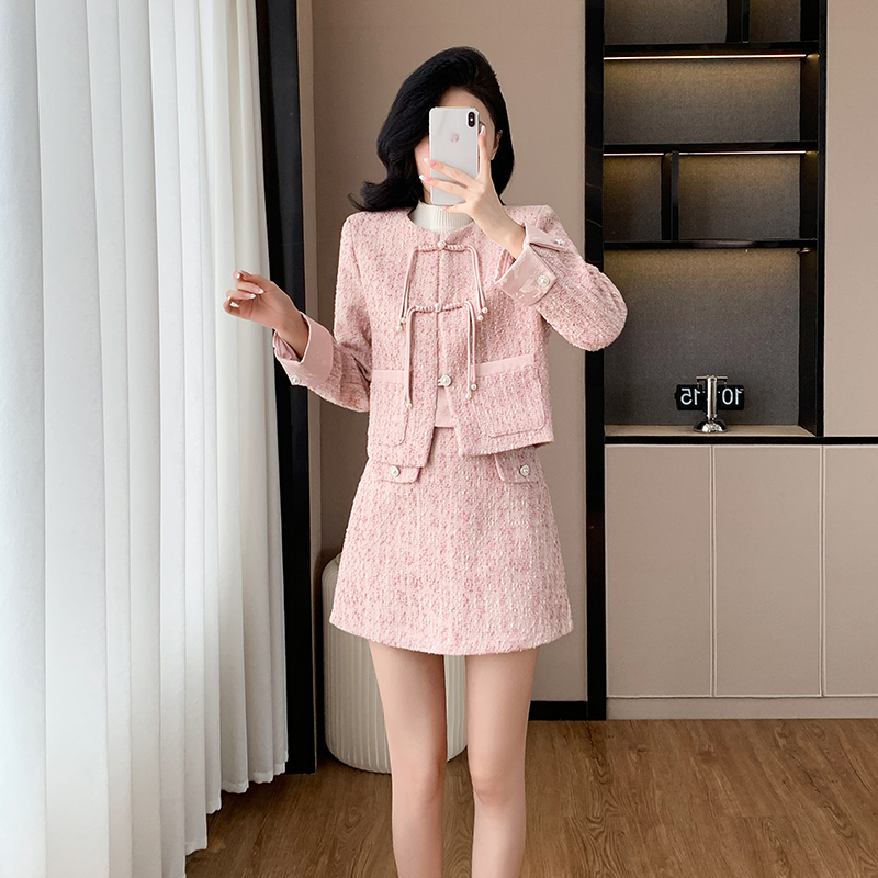 Autumn Chinese style short skirt pink coat 2pcs set