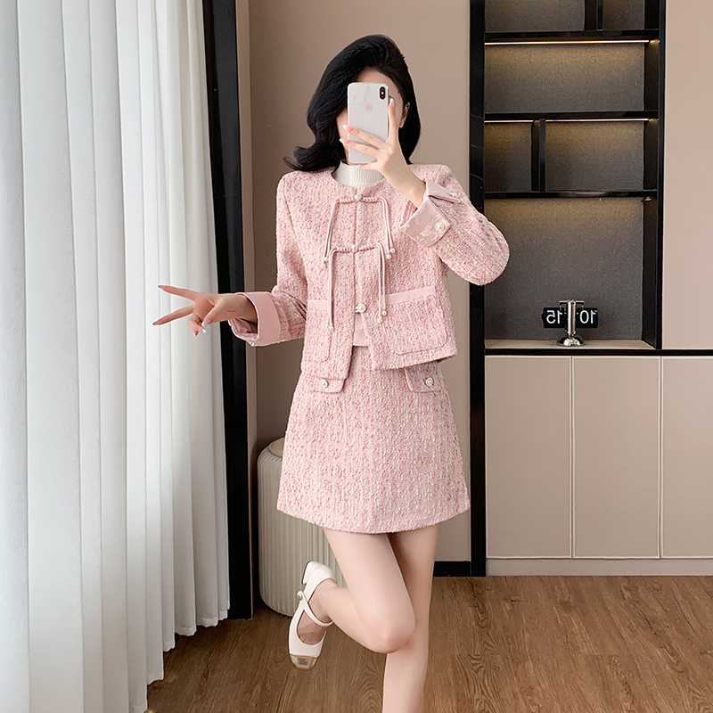 Autumn Chinese style short skirt pink coat 2pcs set